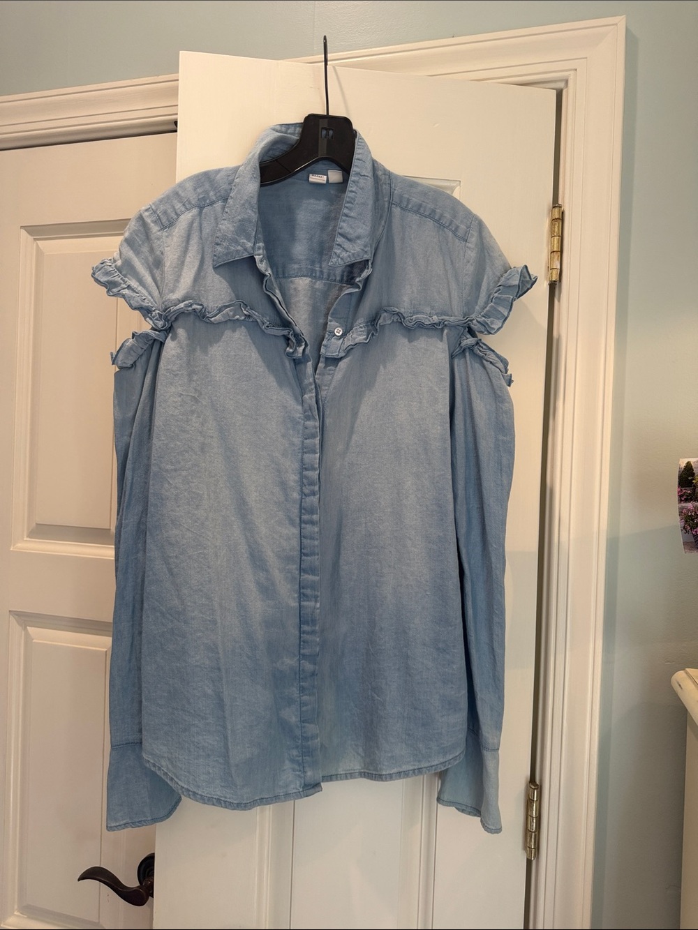Melrose and Market Pale Blue Ruffle Cold-Shoulder Button-Down Shirt